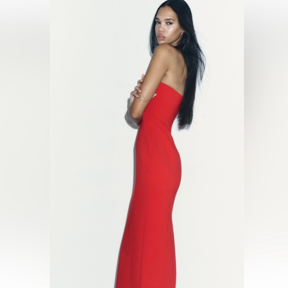 Zara Red Fitted Strapless Bodycon Midi Dress straight neckline Stretchy NWT - Picture 2 of 10